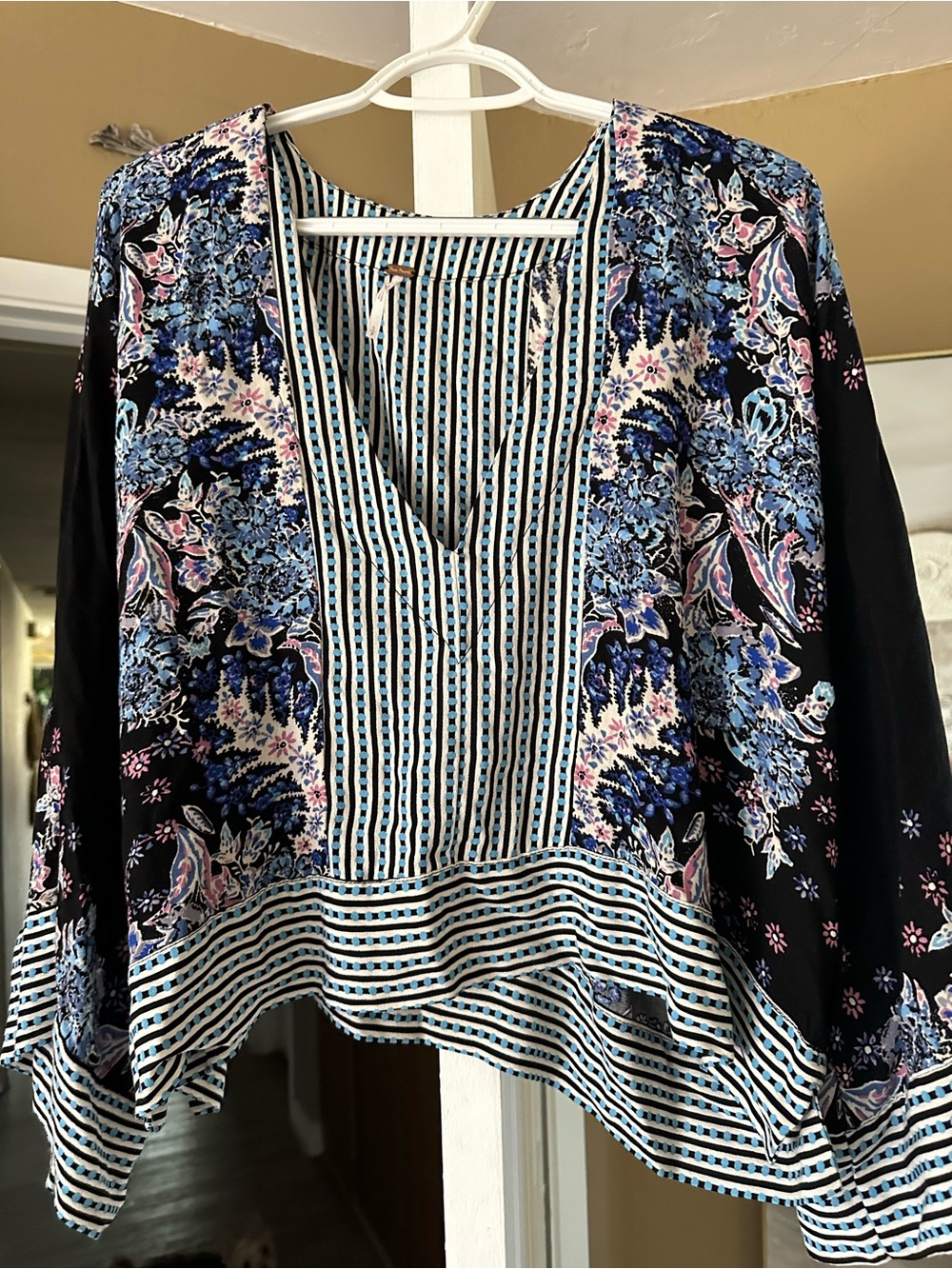 Free People Black Tunic with Blue and Pink Floral Panels